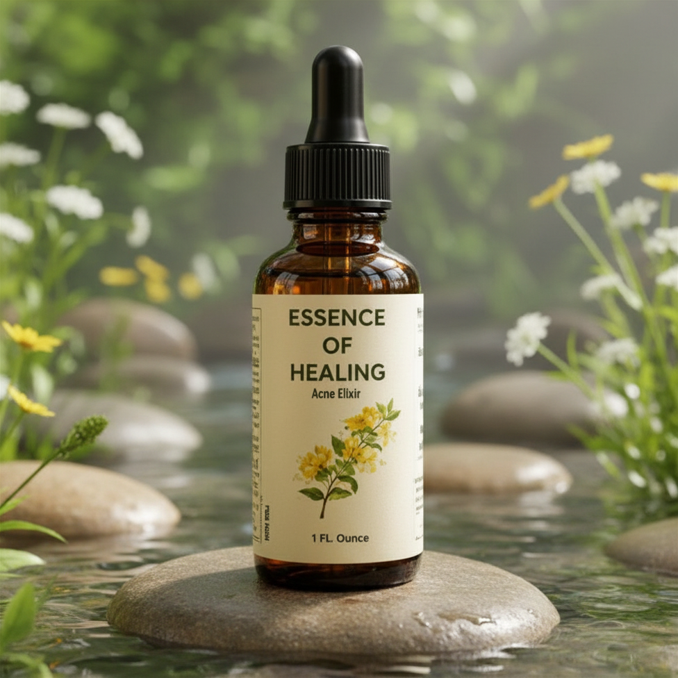 Acne Elixir by Essence of Healing on a stone in a serene background in a pond 