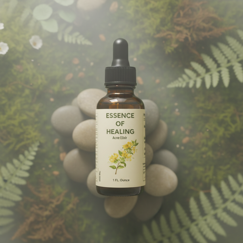 Acne Elixir by Essence of Healing in a pond of water on a Healing stone 