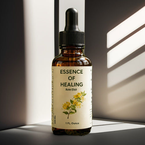 Bottle of 'Essence of Healing' Acne Elixir with a label featuring botanical illustrations on a neutral background.