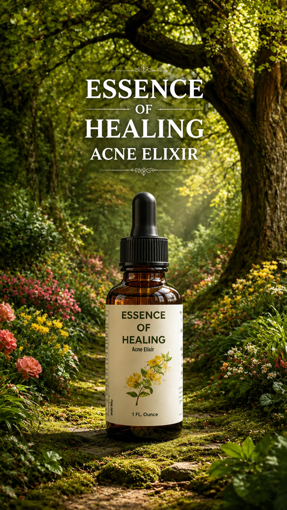 Bottle of 'Essence of Healing' Acne Elixir in a forest setting