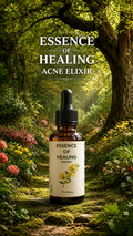 Bottle of 'Essence of Healing' Acne Elixir in a forest setting