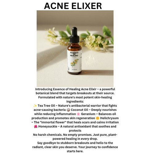 Bottle of 'Acne Elixir' with text about its ingredients and benefits on a light background.