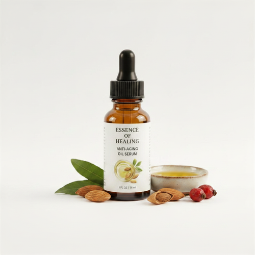 Bottle of 'Essence of Healing' Anti aging serum oil serum with ingredients on a light background