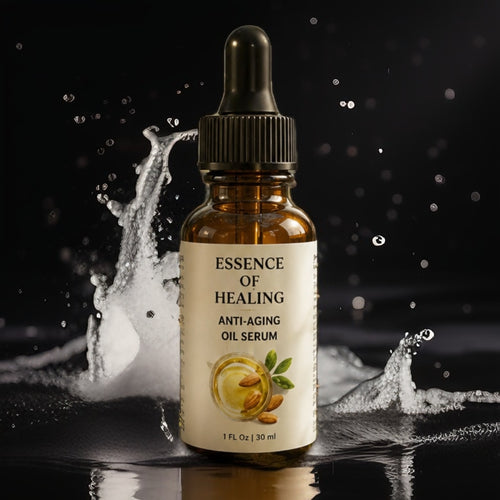 Oil serum bottle labeled 'Essence of Healing' with water splashes on a dark background