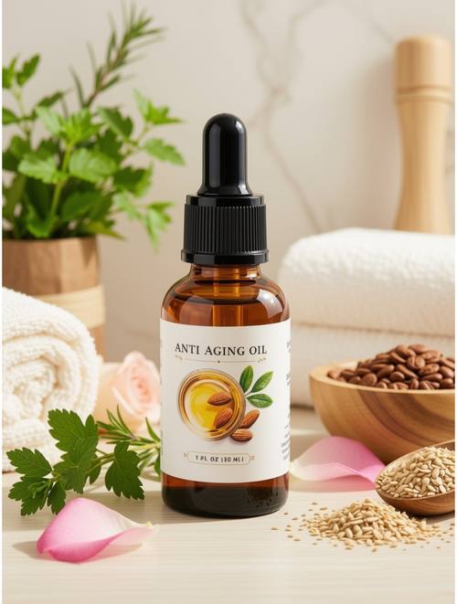 An amber glass dropper bottle labeled 'ANTI AGING OIL' stands on a light surface with rolled towels, green leaves, pink petals, and small bowls of seeds around it.