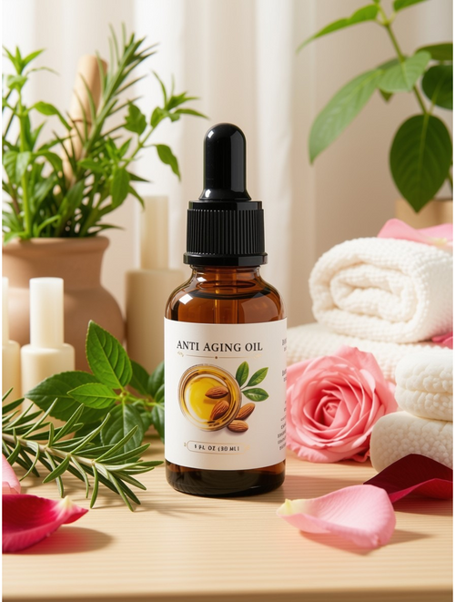 An amber glass dropper bottle labeled 'ANTI AGING OIL' stands on a light wood surface, surrounded by rolled white towels, pink roses, green leaves, and candles in a softly lit spa-like setting.