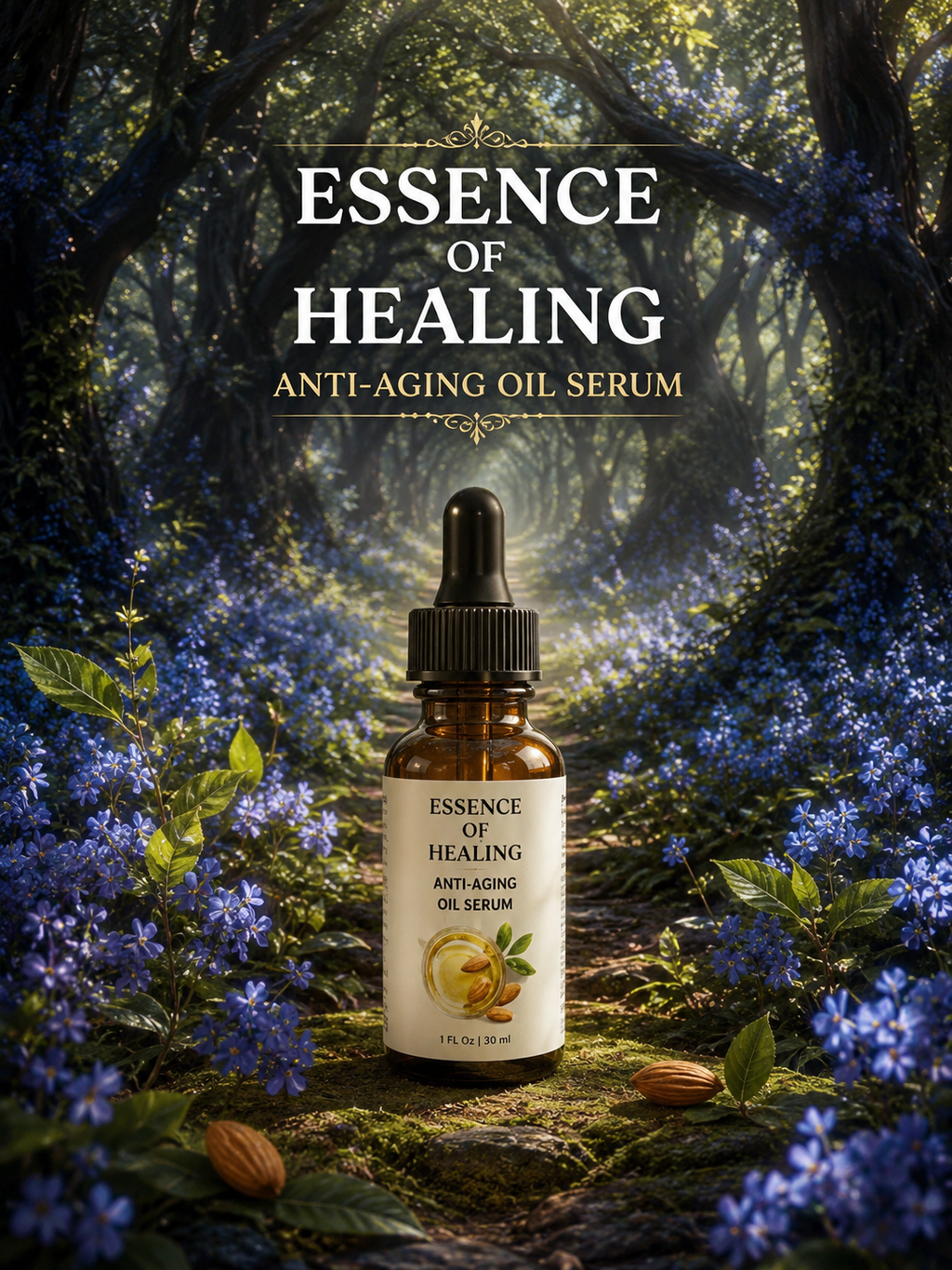 Essence of Healing anti-aging oil serum bottle with a forest background