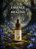 Essence of Healing anti-aging oil serum bottle with a forest background