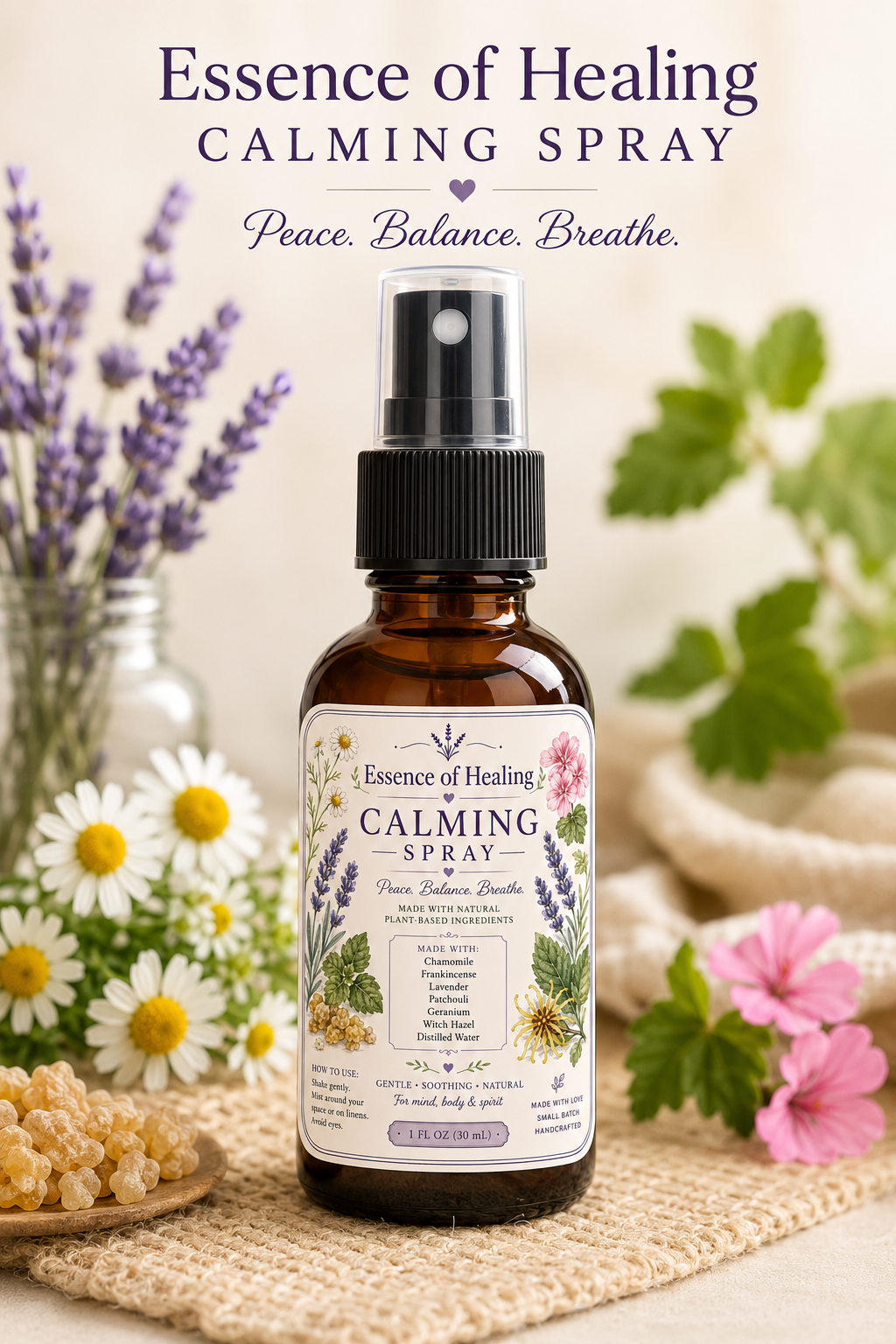 Bottle of 'Essence of Healing' calming spray with flowers and herbs in the background.  All Natural ingredients. Made with pure essential oils. 