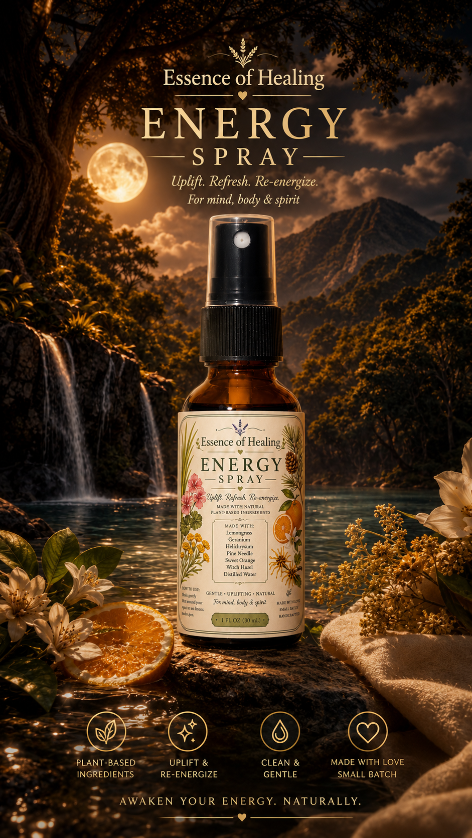 Bottle of Essence of Healing Energy Spray with a scenic background