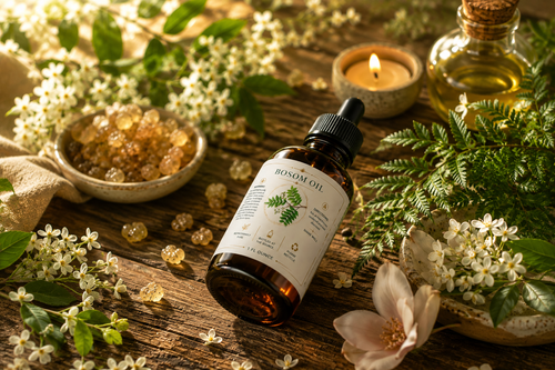 An amber glass dropper bottle labeled BIONOM OIL lies on a rustic wooden surface surrounded by white flowers, green leaves, crystals, a lit candle, and a small glass oil bottle.