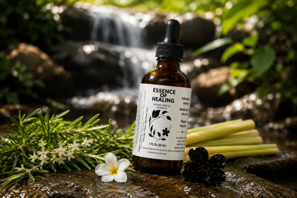 An amber glass dropper bottle labeled 'ESSENCE OF HEALING' stands on a wet rock in a forest stream, surrounded by green leaves, small white flowers, yellow stalks, and dark berries. A blurred waterfall and green foliage are in the background.