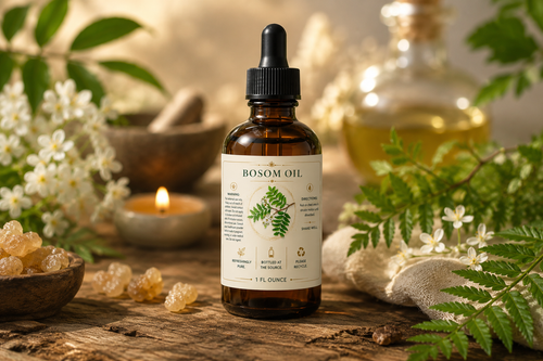 An amber glass dropper bottle labeled 'BOSOM OIL' stands on a rustic wooden surface, surrounded by white flowers, green leaves, a lit candle, and a blurred glass bottle in the background.