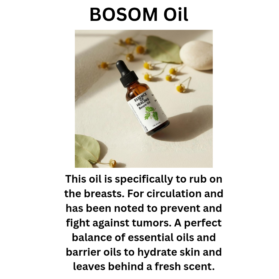 Bottle of Bosom Oil with text on a light background