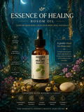 Bosom oil bottle with nature-themed background and text about healing and wellness. Promotes relaxation and healing. 