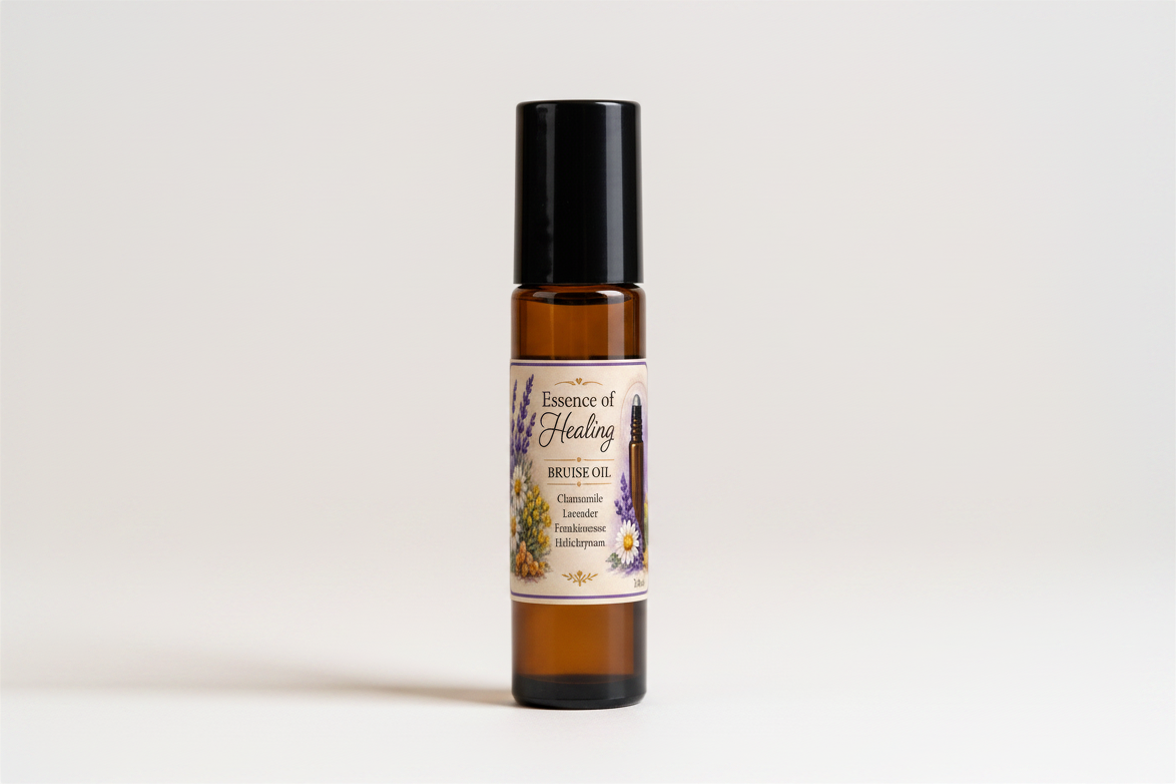 Essential oil bottle labeled 'Essence of Healing' on a light background