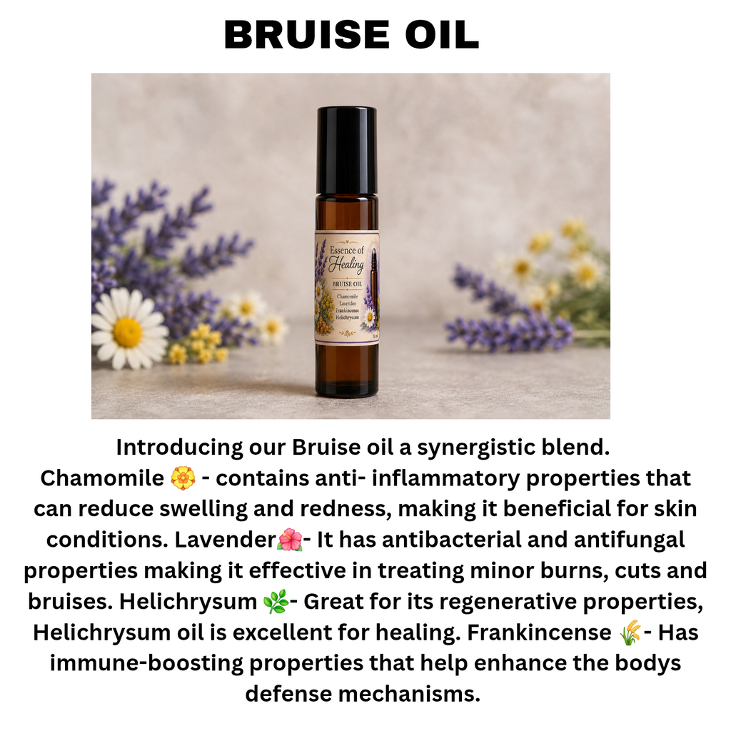 Roll-on bottle of Bruise Oil with lavender, chamomile, and daisy flowers on a wooden surface. Product Information