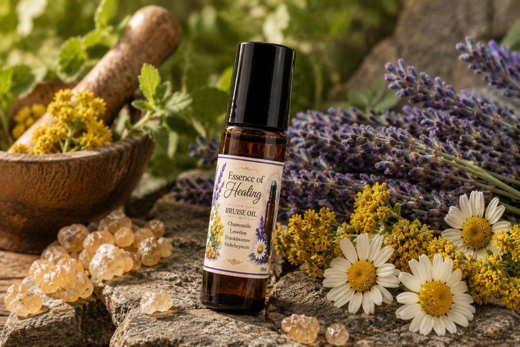 A bottle of Bruise Oil essential oil oil stands on a rustic stone surface surrounded by lavender buds, chamomile flowers, amber resin beads, and a wooden mortar and pestle with yellow flowers. The bottle label reads 'Essence of Healing Aromas Essential Oil'.