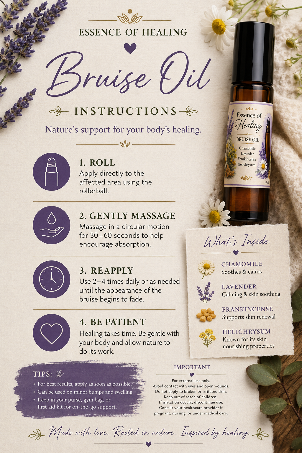 An informational product card for 'Essence of Healing Bruise Oil'. The card features a bottle of bruise oil on the right, surrounded by illustrations of lavender and chamomile flowers.