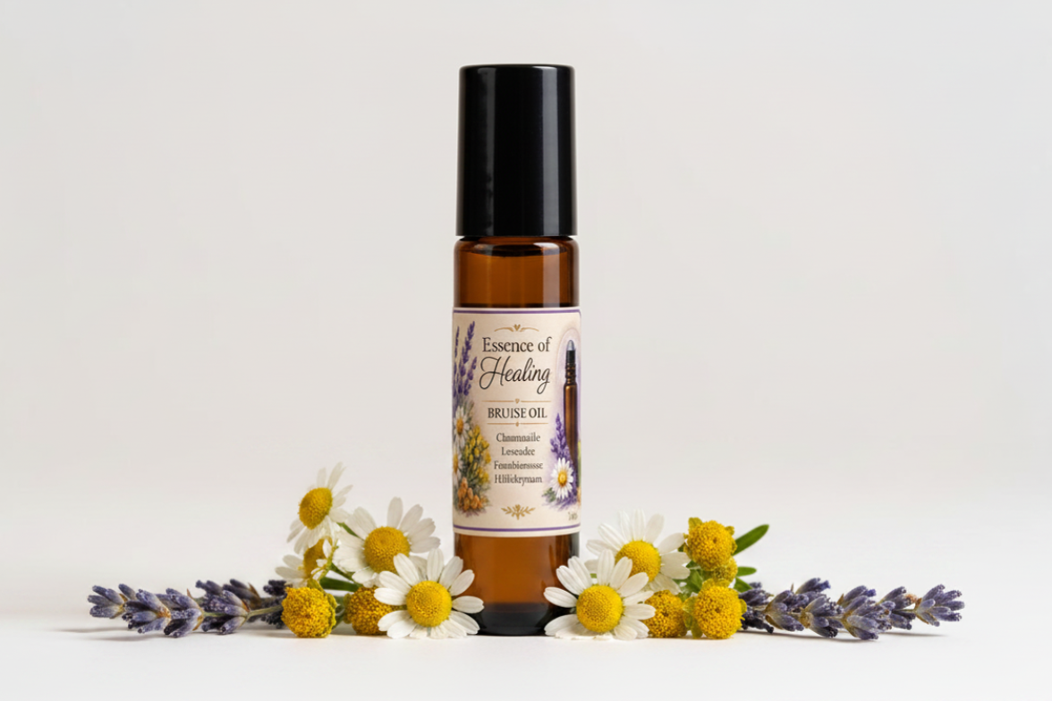 Roll-on bottle of 'Essence of Healing' bruise oil with flowers on a light background