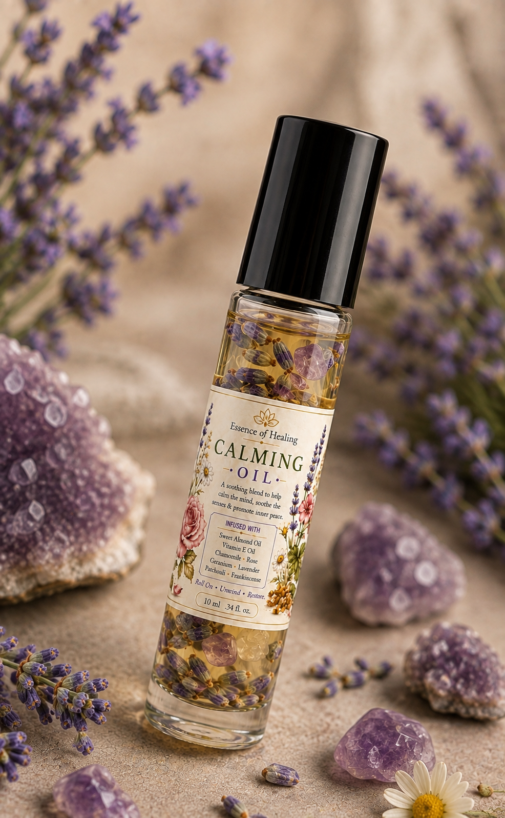 A bottle of Calming Oil with dried lavender and botanicals inside, featuring a black cap and a cream label with floral illustrations. The bottle is styled on a beige textured surface surrounded by purple crystals, lavender sprigs, and a small white daisy.