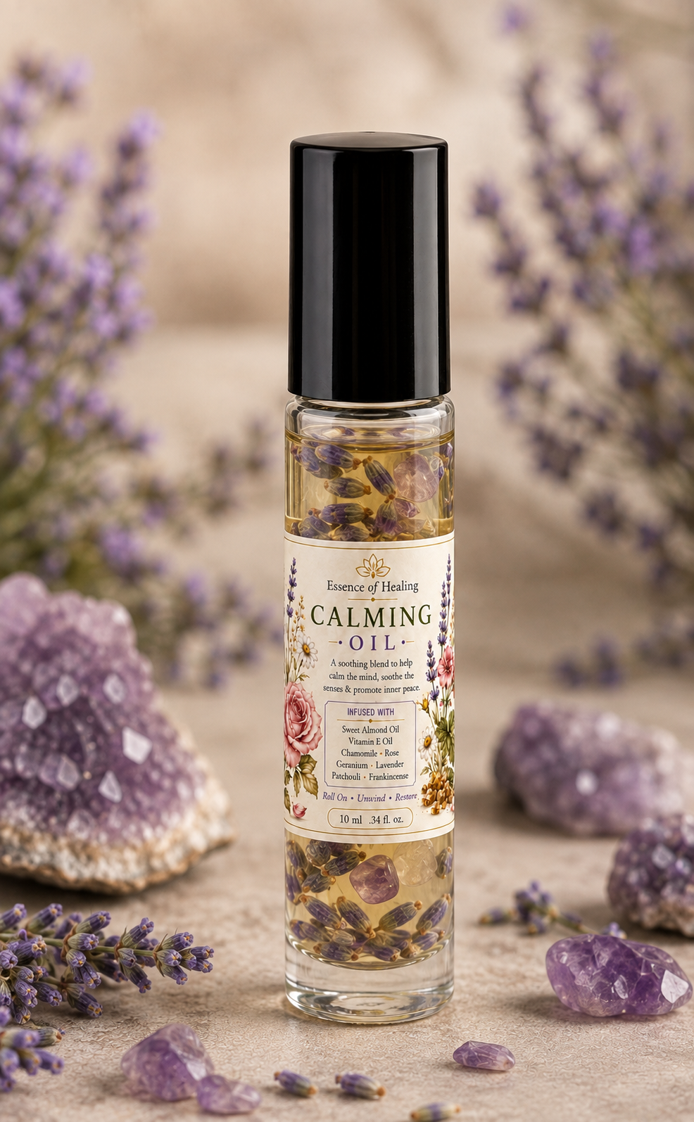 A clear glass roller bottle filled with calming oil and dried lavender flowers, topped with a black cap. The bottle is centered on a beige surface with decorative purple crystals and dried lavender sprigs around it.