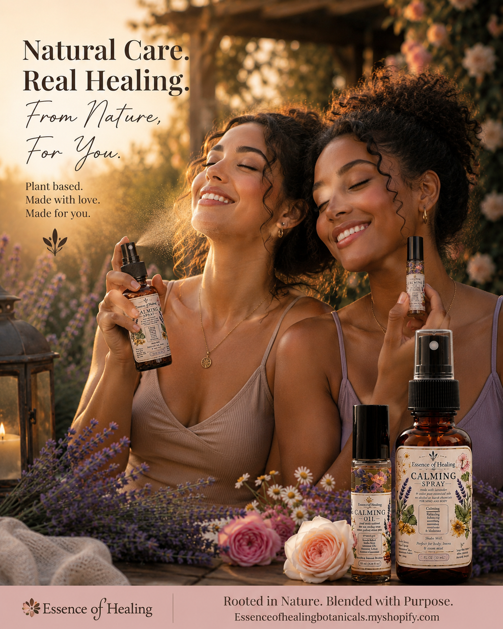 Two women outdoors in warm golden-hour light hold small botanical skincare bottles, with additional product bottles displayed in the foreground among flowers and lavender. Text at the top reads 'Natural Care.