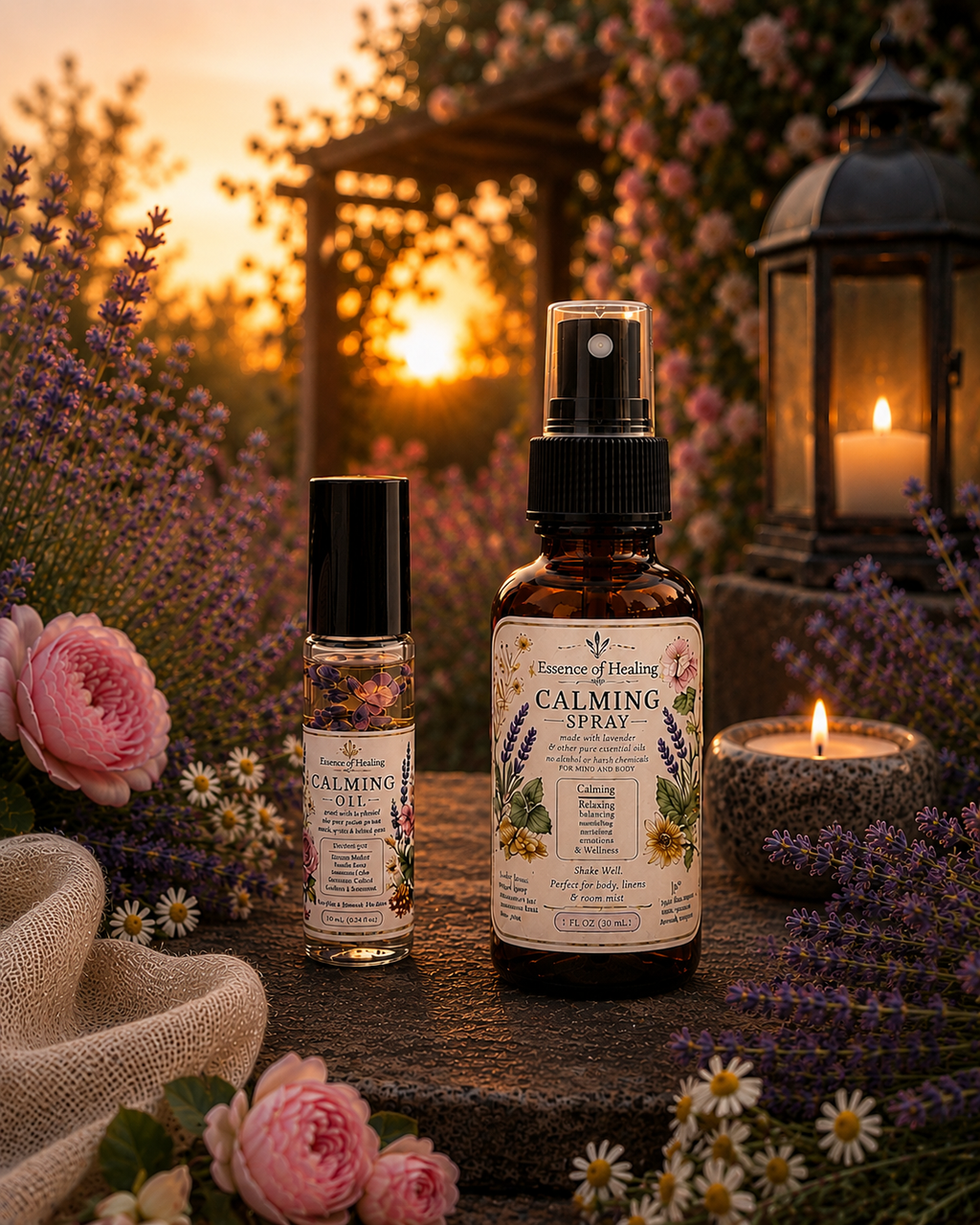 Two bottles of 'Aromas of Healing' Calming Oil and Calming Spray displayed on a rustic stone surface surrounded by lavender, pink roses, and burning candles under a warm sunset sky.