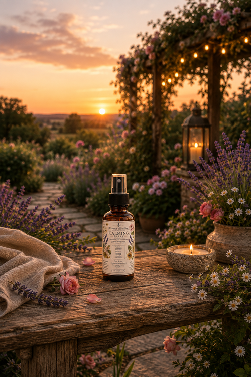 Beautiful botanical Aromatherapy Spray by Essence of Healing on a wooden table in a serene background 