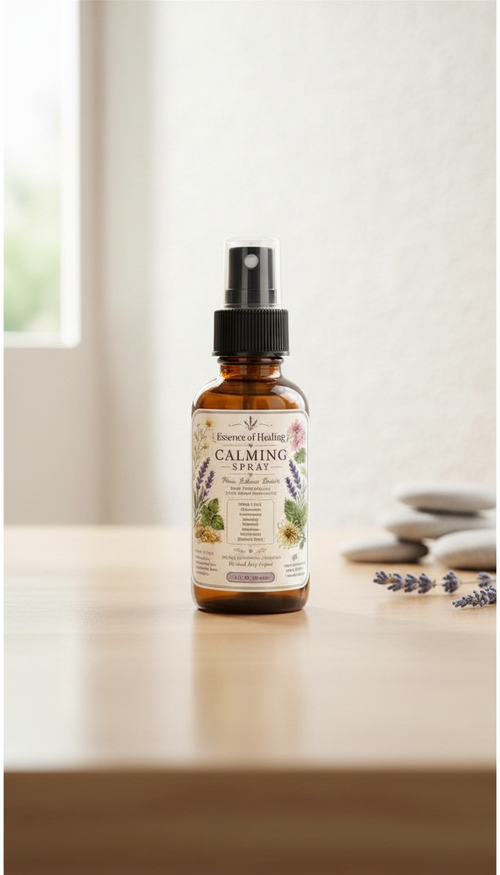 Bottle of calming spray on a table with a light background
