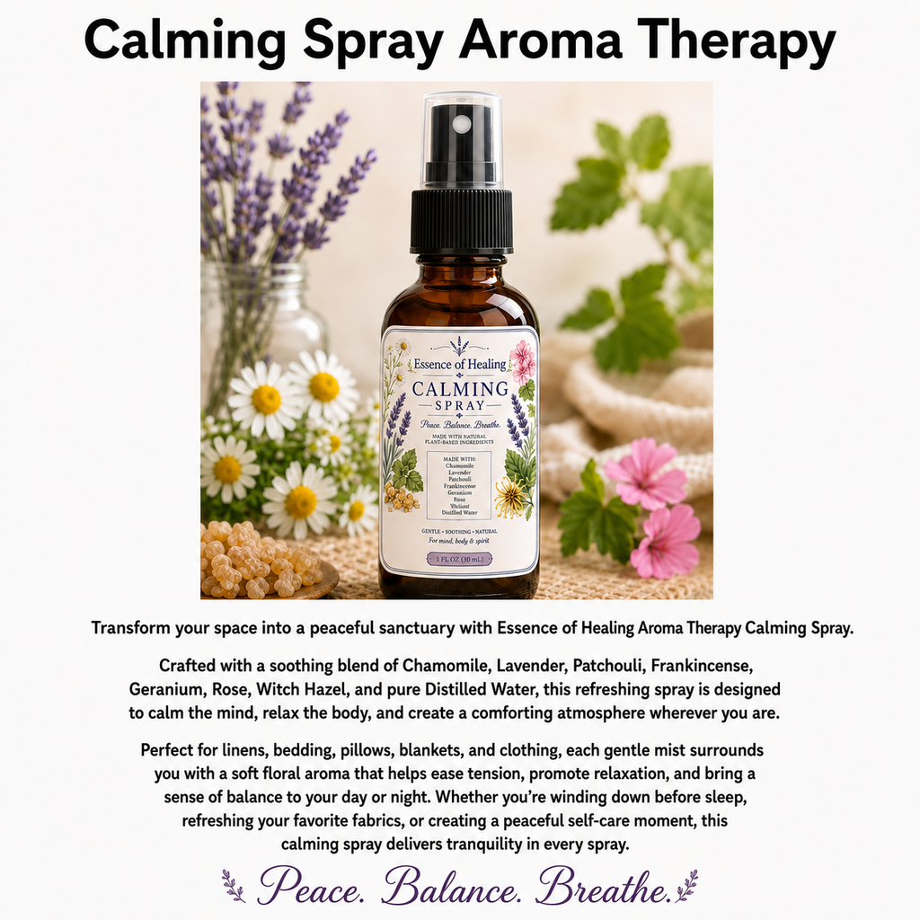 Calming spray for aroma therapy with flowers and text on a white background