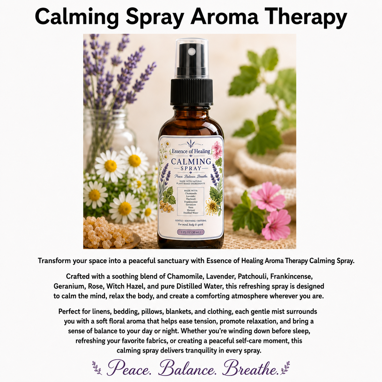 Calming spray for aroma therapy with flowers and text on a white background
