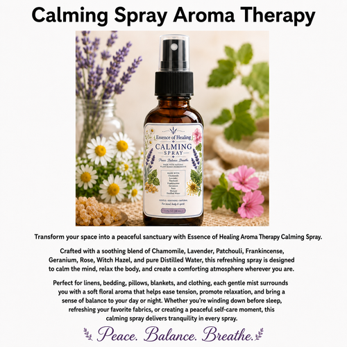 Calming spray for aroma therapy with flowers and text on a white background