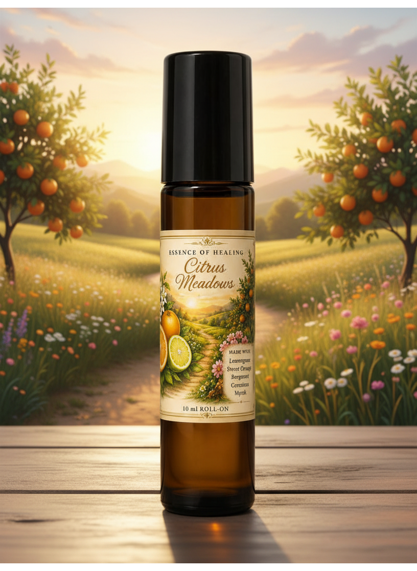 Bottle of Citrus Meadows essential oil with a scenic background