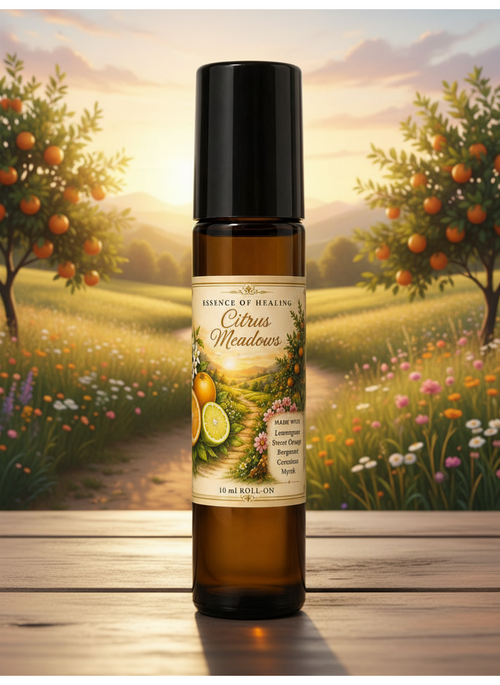 Bottle of Citrus Meadows essential oil with a scenic background