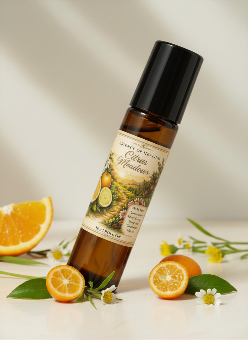 Roll-on bottle of Citrus Meadows pure essential oil with oranges and flowers on a light background
