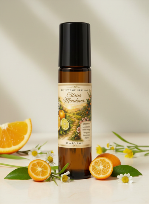 Roll-on bottle of Citrus Meadows essential oil with oranges and flowers on a light background