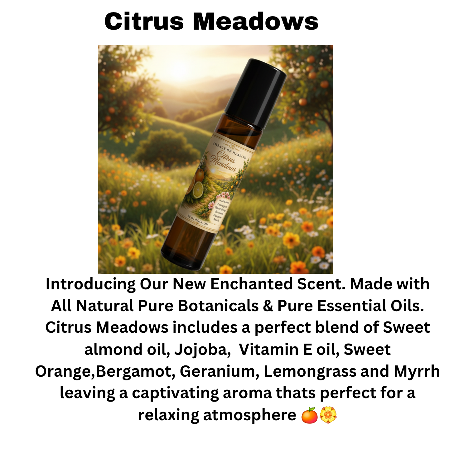 Bottle of Citrus Meadows product in a scenic outdoor setting with text about the product.