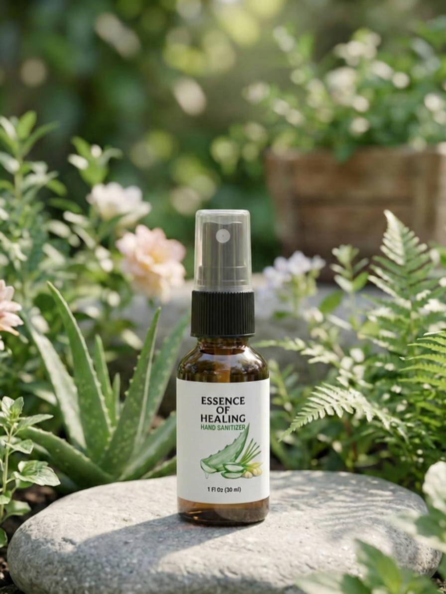 A small amber spray bottle labeled 'ESSENCE OF HEALING' with a white label and green aloe illustration, placed on a round stone surrounded by green plants and flowers in an outdoor garden setting.