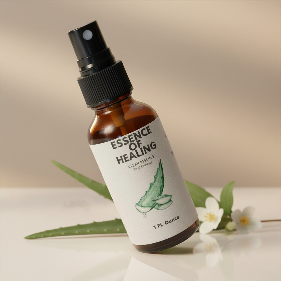 Bottle of 'Essence of Healing' Hand Sanitizer with aloe vera leaves and flowers on a neutral background