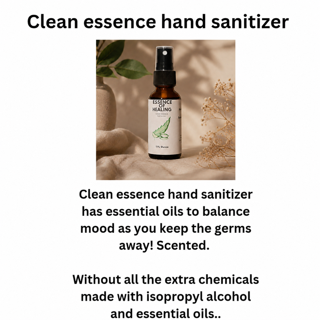 Clean essence hand sanitizer bottle with text on a white background