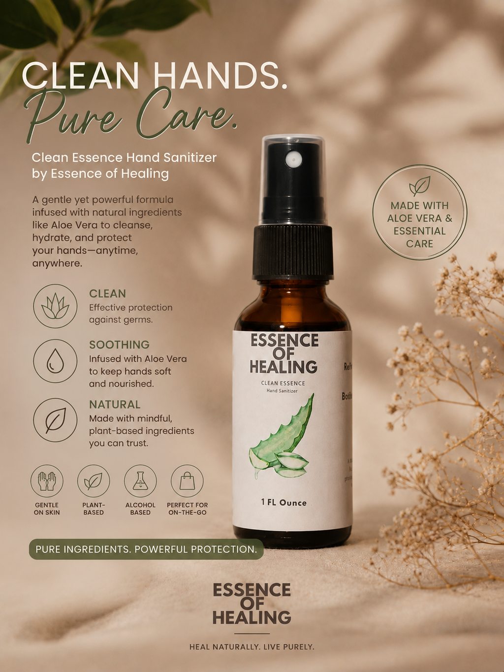 Hand sanitizer bottle with 'Essence of Healing' branding on a natural background. Made with Aloe Vera.