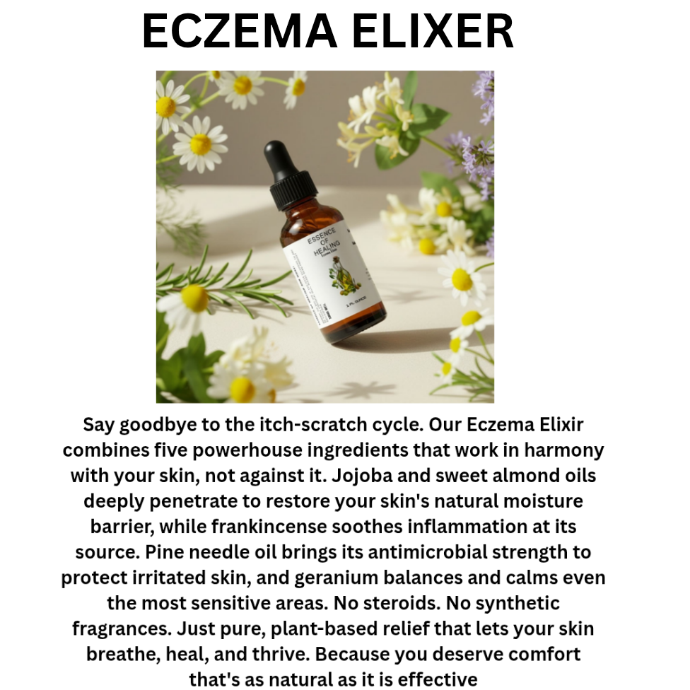Eczema Elixir bottle with flowers in the background