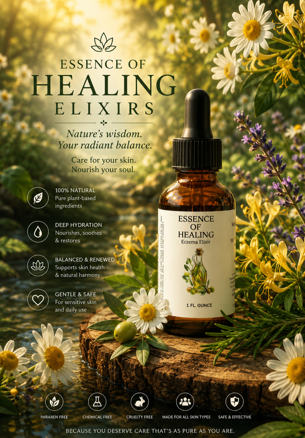 Bottle of 'Essence of Healing' Eczema elixir surrounded by flowers and nature.