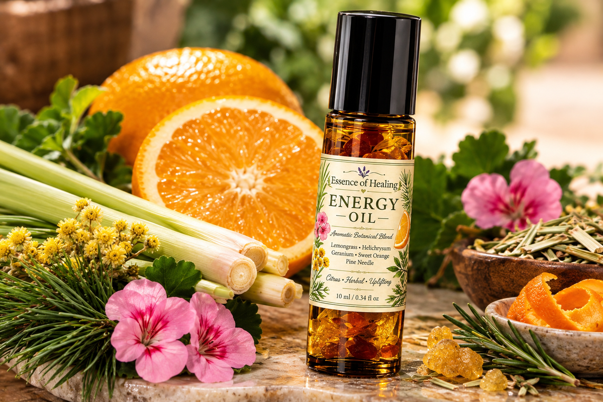A bottle of Essence of Healing Energy Oil stands on a stone surface surrounded by citrus fruits, green stalks, pink flowers, and dried botanicals in a styled natural setting.