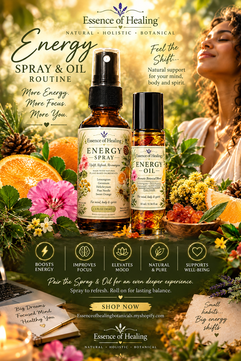 An advertisement for Essence of Healing Energy Spray & Oil Routine, featuring two amber glass spray and oil bottles with black caps, surrounded by flowers, herbs, citrus, and a woman in a natural outdoor setting.
