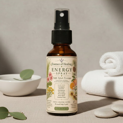 Bottle of 'Essence of Healing Energy Spray' with a natural label on a neutral background.