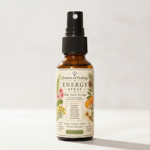 Bottle of Essence of Healing Energy Spray on a white background