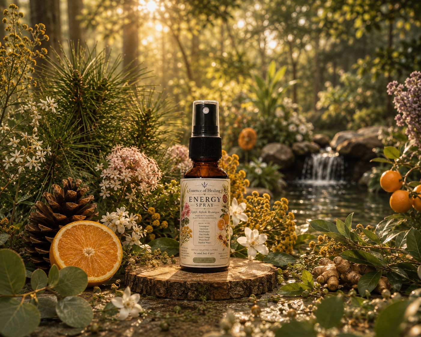 Beautiful botanical bright serene background with Energy Spray on a tree stump by Essence of Healing 