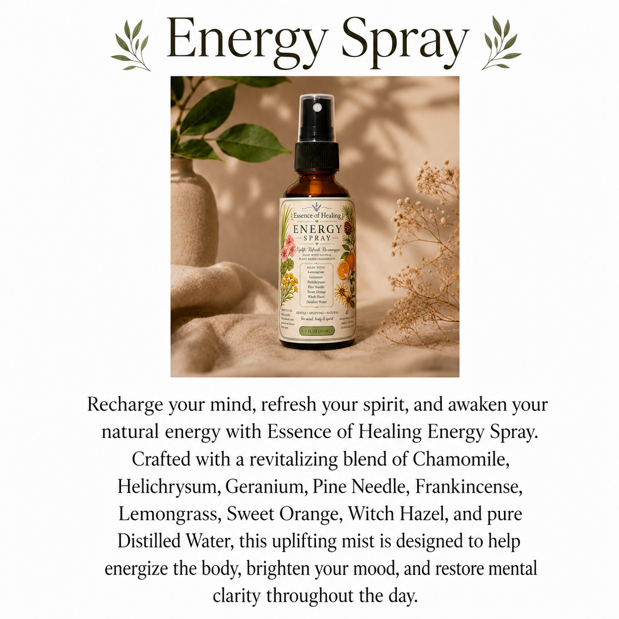 Energy spray bottle with text about its benefits on a white background